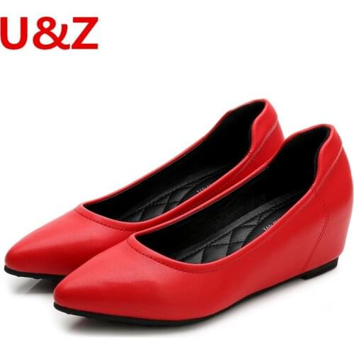 Superior Comfy women pumps Height increased Black leather heels wedges 4cm shoes Female office formal shoes Pink Apricot