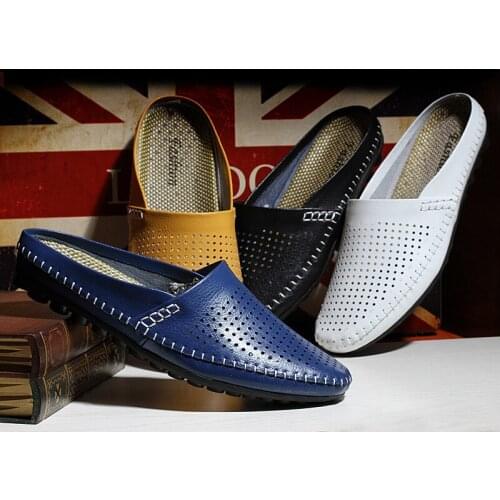 Fashion Hollow Leather Mens Walking Shoes Summer Classic Flat Lazy Shoes Soft Beach Slippers Men Outdoor Home Office Sandles