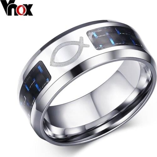 Vnox Drop Shipping 8MM Stainless Steel Jesus Christian Fish Rings for Men Women Religious Faith Ring with Blue Carbon Fiber