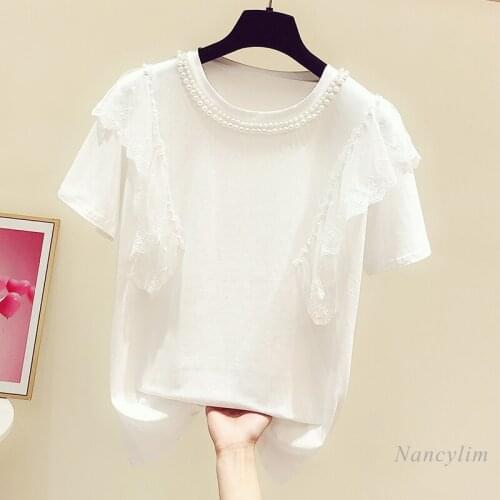 Beaded Round Neck White T-Shirts for Women Lace Patch Short Sleeve Female 2021 Summer New Casual Cotton Top Tees Nancylim