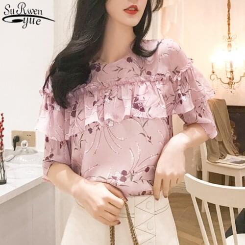 Womens Cloth 2021 Summer New Short Sleeve Top Female All-match Printed Chiffon Blouse Ruffled Super Short Shirt Women 10036