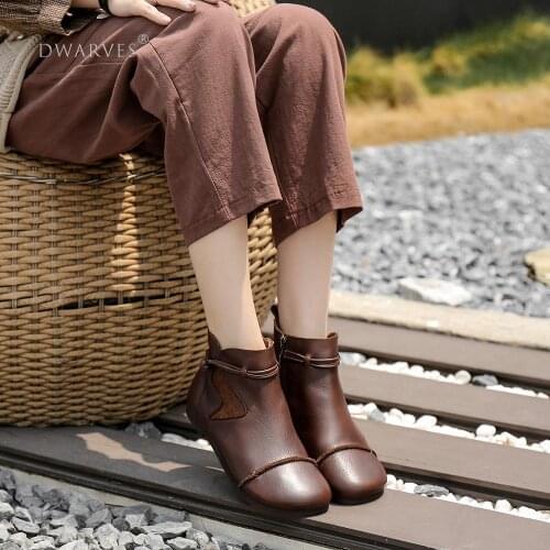 2020 Handmade Soft Leather Ankle Boots Retro Round Toe Short Boots Women Chelsea Boots Side Zipper Coffee/Brown/Yellow