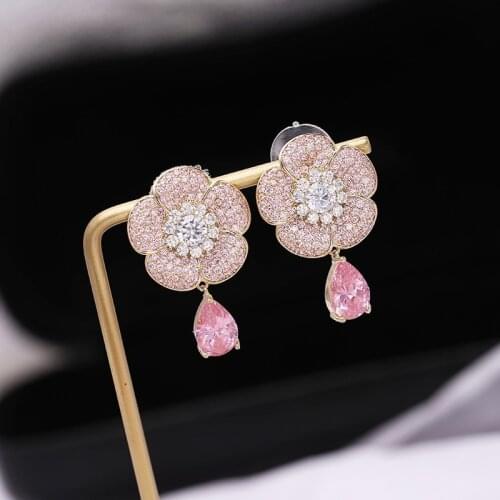 2021 Fashion Sweet Micro-inlaid Cubic Zirconia Flower Earring Pink Zircon Earring for Women Wedding Party Jewelry