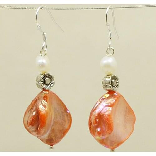 Women Elegant Real Shell Dangle Earrings Girl Birthday Party Gift Baroque Pearl Flower Orange Shell Silvers Earring For Women