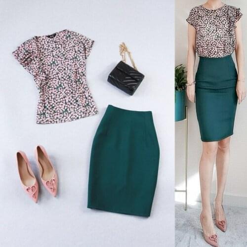2021 Summer New Large Size Printed Flower Chiffon Lotus Leaf Sleeve Shirt + High Waist Dark Green Package Hip Half Skirt Set