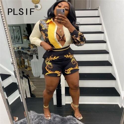 New Style Summer Print Shorts Set Casual Long Sleeve 2 Pieces Women Tracksuit Female Shorts Outfits
