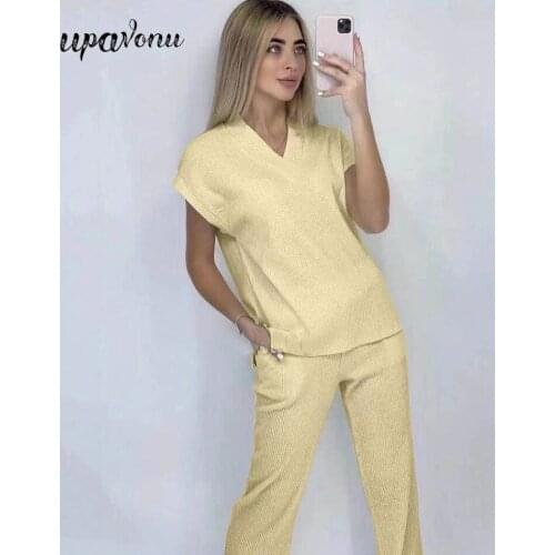 Free Shipping Elegant Womens Knitted Suit 2021 New Summer V-neck Short Sleeve Suit Knitwear & Straight Pants Two-piece Set