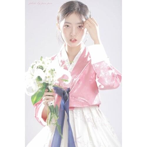 Womens Korean Traditional Clothing New Pink Floral Printing Sweet Girls Elegant Long Dresses Fashion Wedding Party Clothes 2021