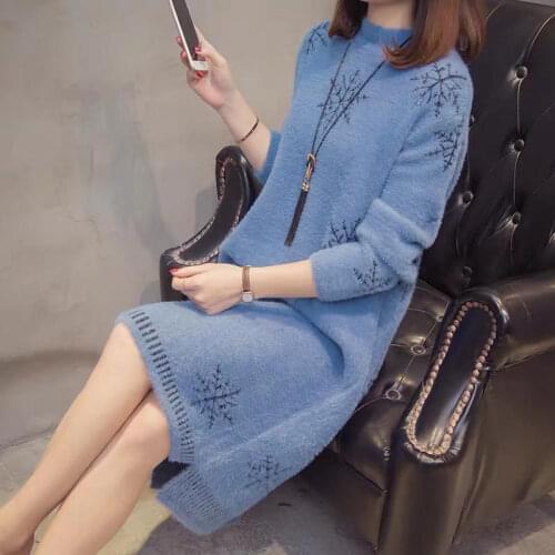 Imitation Mink Sweater Dress Women 2020 Autumn Winter New Knitting Pullover Loose Thicken Snowflake Pattern Knitwear Female Tops