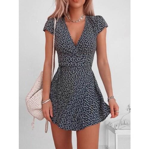 2021 Summer Fashion Women Casual Floral Printed V-Neck Short Sleeve Mini Dress Elegant Zevity Coverall Gowns Party A-Line Outfit