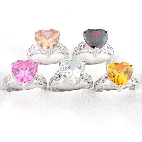 MIX 5 Pieces Holiday Gifts Big Offer Love Heart Citrine Morganite Garnet Topaz Gemstone Silver Rings Mix Size 7 8 9