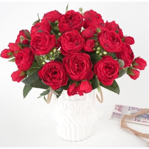 30cm Rose red Silk Peony Artificial Flowers Bouquet 5Big Head and 4Bud with peony Fake flower handmade home wedding decoration