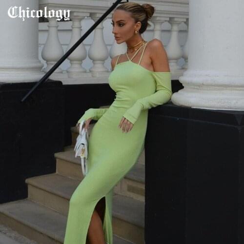 Chicology 2021 Women Summer Sling One Shoulder Dress Solid Color Side Slit Bodycon Fashion Elegant Party Club One Pieces