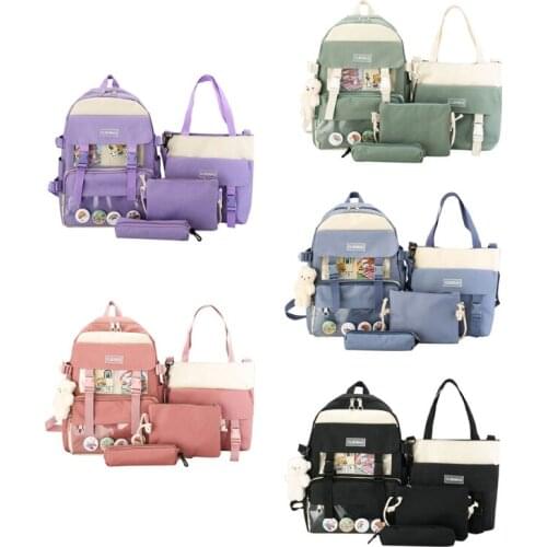 D0LF 4pcs/set Canvas School Bag for Teenagers Girls Student Women Travel Backpacks Female Book Bags Pencil Case