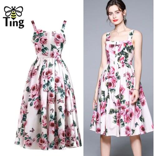 Tingfly Designer Chic Rose Flower Printing Strap Summer A Line Dresses Women Sweet Pink Knee Length Vestidos Elbise Lady Zanzea