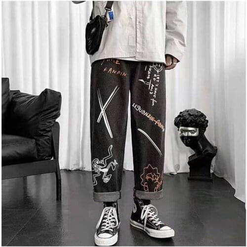 Korean Pants Jeans Cartoon Dinosaur Graffiti Mens Streetwear Hip Hop Cargo Oversized Trousers Mens Black Denim Pants Overalls