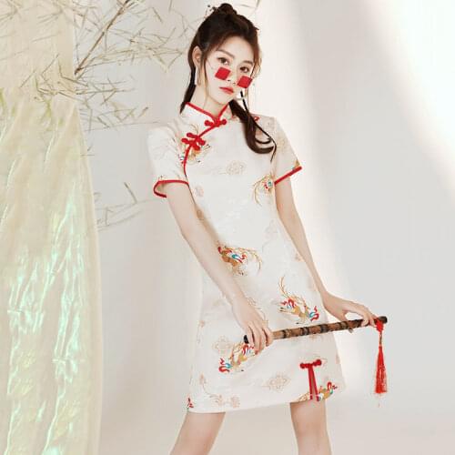 Chinese Traditional Dress Women Cheongsam Qipao Mini Sexy Split Lady Banquet Dress Chipao Short Sleeve Evening Dress Vestidos