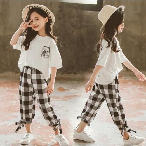 2021 Summer Girls Clothes Children Set teenager Kids Outfit Casual Costume T-Shirt + Casual plaid Pants 5 6 7 8 9 10 11 12 year