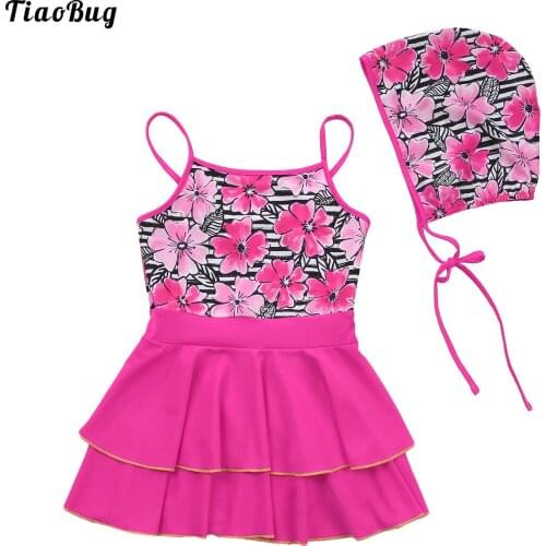 TiaoBug Summer 2Pcs Kids Girls Swimwear Swimming Suit Adjustable Straps Sleeveless Open Upper Back Layered Dress With Hat Sets