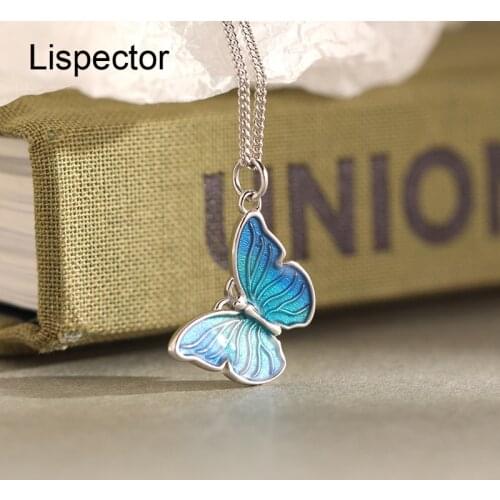 Lispector 925 Sterling Sliver Enamel Blue Butterfly Pendant Necklace for Women Elegant Temperament Necklace Female Jewelry Gifts