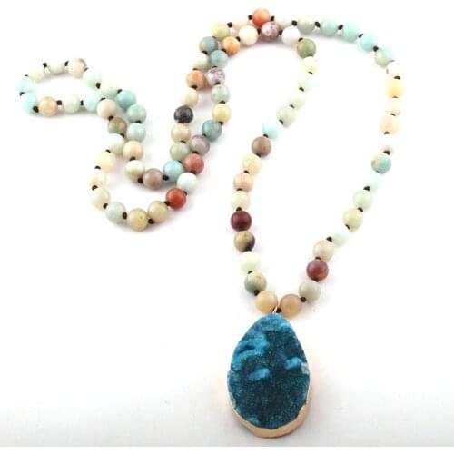 Fashion Bohemian Tribal Jewelry long Knotted Amazonite Natural Druzy Drop Pendant Stone Necklace