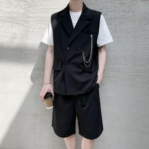 Summer personalized metal chain decoration Korean fashion mens double breasted vest suit hairdressers two-piece suit fashion