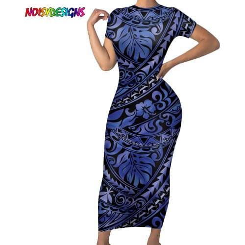 NOISYDESIGNS Short Sleeve Bodycon Dress Polynesian Hibiscus Tribal Tattoo Print Women Sexy Elegant Long Dress Vestidos De Mujer