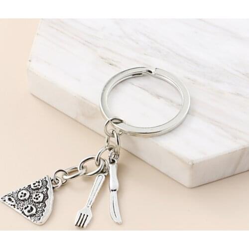 New Western Food Keychain Dinner Key Ring Fork Knife Pizza Key Chain Chef Gifts DIY Handmade Jewelry Car Hanging Key Holder