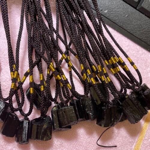 Natural Black Healing Stone Necklace Tourmaline Stone Pendant Necklace Crystal Gem Specimen Column Shape Energy Necklace Pendant