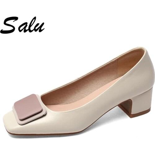 Salu Retro Genuine Leather Loafer Womens Shoes Metal Decoration Thick Heels Pumps 2020 New Quality Wedding Prom Shoes Woman