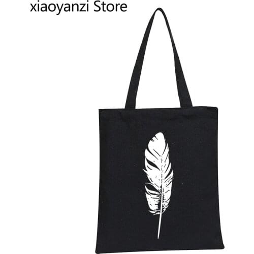 Happy Handbag Black White Feather Harajuku Graphi Printed Shopping Bags Fashion Casual Shoulder Canvas Bag Dames Kleding Zomer