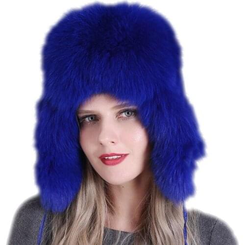 Genuine Fox Fur Bomber Hats Winter Women Caps Fashion Ear Protector Headgear LF21013QX