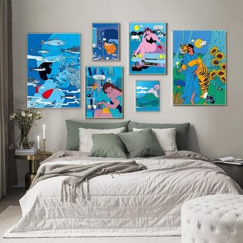 Tiger Hug Woman Breakfast Canvas Painting Abstract Blue Posters And Prints Volcanic Wall Art Picture For Living Room Decoration