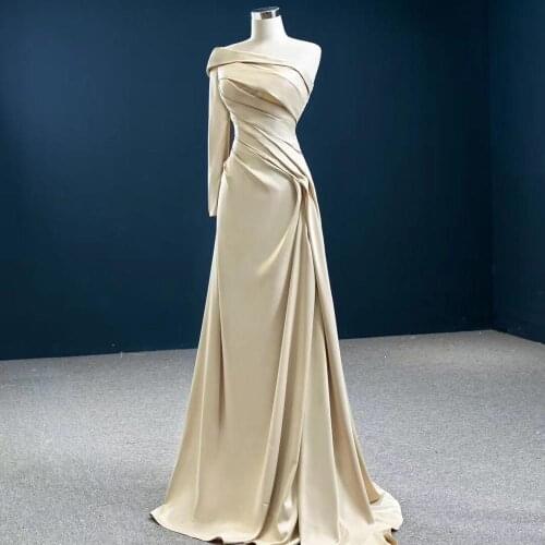 DD JYOY Champagen Long Sleeve One Shoulder Evening Dress Long 2020 Ultra Soft Satin Long Prom Party Gown Women Wear Simple Style