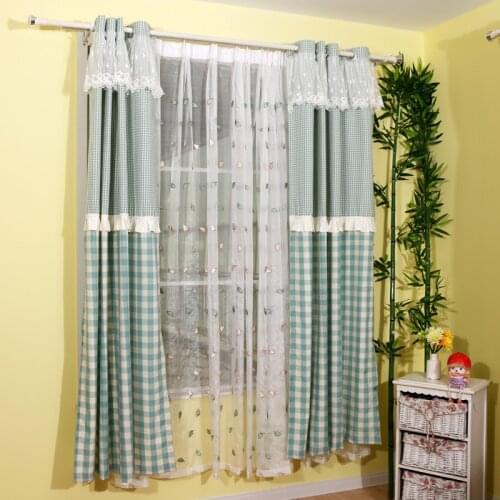 Rural Fresh Style Green Checks Curtains Princess Curtains for Living Room Bedroom Girls Room Window Treatments Cotton Polyester
