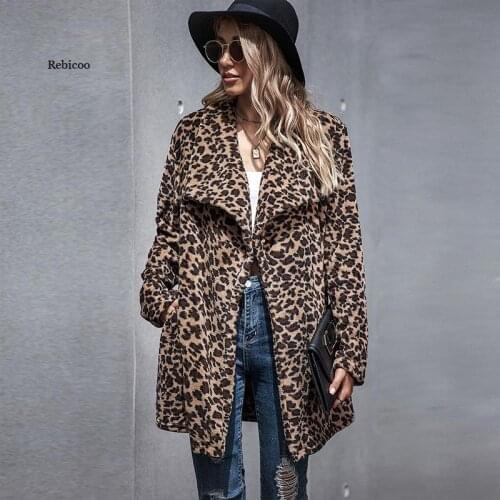 Women Fashion Loose Woolen Jacket Long Sleeve Coat Leopard Print Medium Length Female Outerwear Streetwear Chic Overcoat New