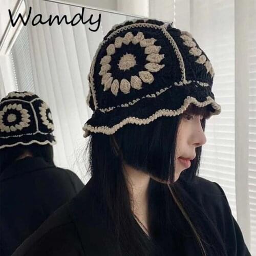 Women Hollow Flower Knitted Fisherman Hat Handmade Crochet Color Matching Basin Hat Spring and Summer Sunscreen Sun Hat
