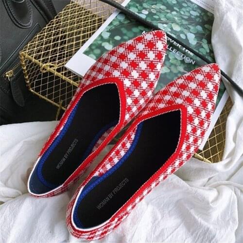 Fashion Women Mixed Color Flats Pointed Toe Stretch Knitted Moccasins Breathable Cozy Work Shoes Ladies Flats Driving Loafers 41