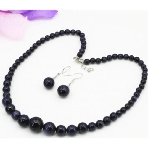 Blue Jewelry Set Women Tower Chain Necklace Earrings 6-14mm Natural Sandstone Stone Round Beads Chain Earrings Sets 18inch B3242