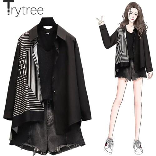 Trytree Summer Women Three Piece Set Casual Asymmetric Geometric Printed Shirt + Knitted Shining Vest + Denim Shorts 3 Piece Set