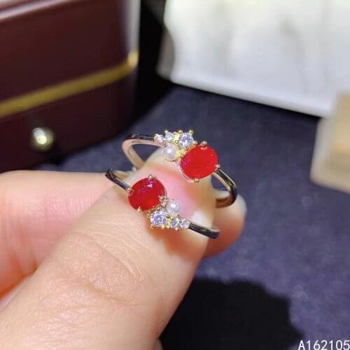 925 Pure Silver Chinese Style Natural Ruby Womens Popular Classic Pearl Adjustable Gemstone Ring Fine Jewelry Support Detection