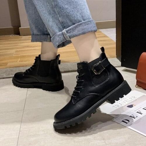 2020 Winter Womens Motorcycle Boots New PU Low Heel Thickening Plus Velvet Warm Cotton Boots Short Boots With Wild Shoes B21-05