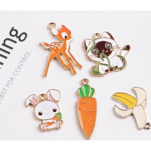 10pcs Hot Sale Jewellery Alloy Cute Cartoon Earrings For Girls Bracelet Pendant Banana Fawn Carrot Rabbit Cat Diy Accessories