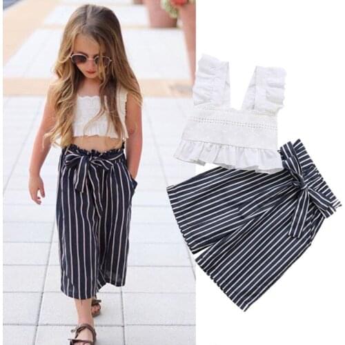 Toddler Baby Girls Kids Lace Crop Tops Sleeveless Striped T-Shirt Bow-Knot Pants Outfits Set Clothes 2pcs
