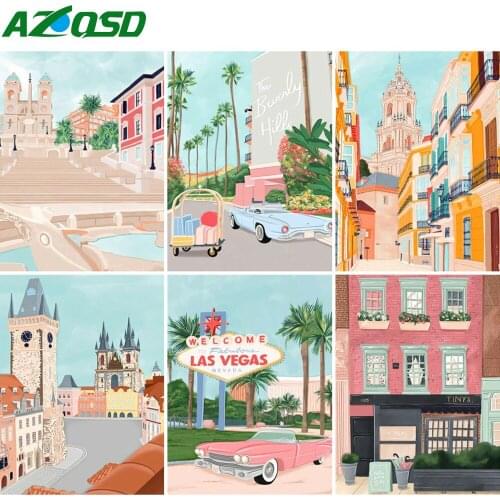 AZQSD Diamond Painting City Building Cross Stitch Kits Rhinestones Handmade Diamond Embroidery Landscape Mosaic Home Decoration