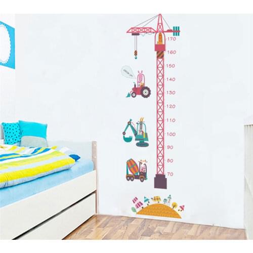 Cartoon tower crane engineering car growth chart wall stickers for kids rooms decor diy height measure wall decals pvc mural