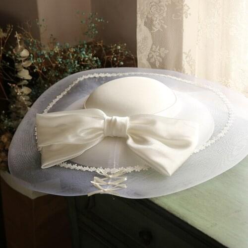 White Large Mesh Wedding Hat Elegant Ladies Satin Gauze Bow Fedora Romantic photo Shooting Church Derby Horse Race Hat Headwear