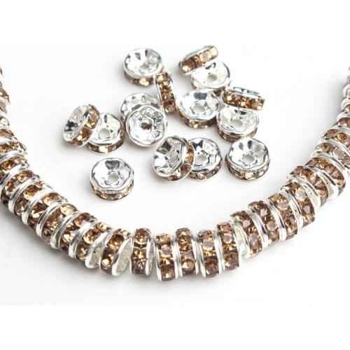 100/200pcs Champagne Rhinestone Rondelles Crystal Metal Beads Big Hole Spacer Beads for DIY Jewelry Making Accessories Findings