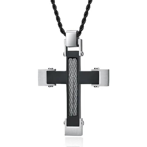 Stainless Steel Black Steel Wire Cross Christ Jesus Pendant Necklace Jewelry Gift For Him with Rope Chain
