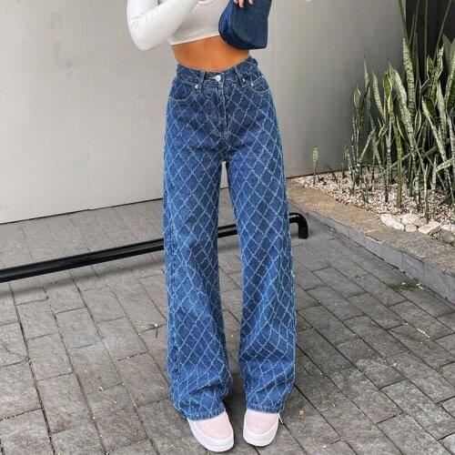 Y2K Jeans For Girls Female Stylish Argyle Straight Blue Vintage Denim Pants For Women High Waisted Trouser Harajuku Capri